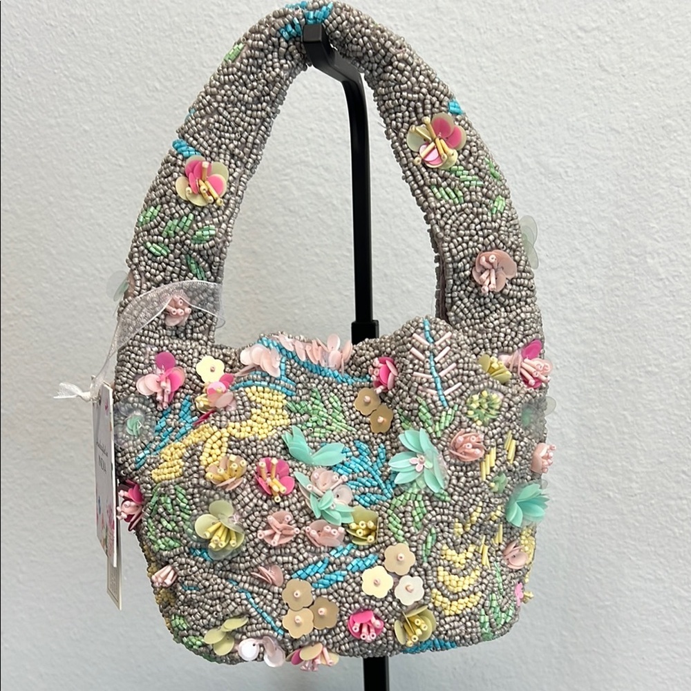 Handcrafted In India | Floral Beaded Mini Hobo Bucket Bag🩶🩷